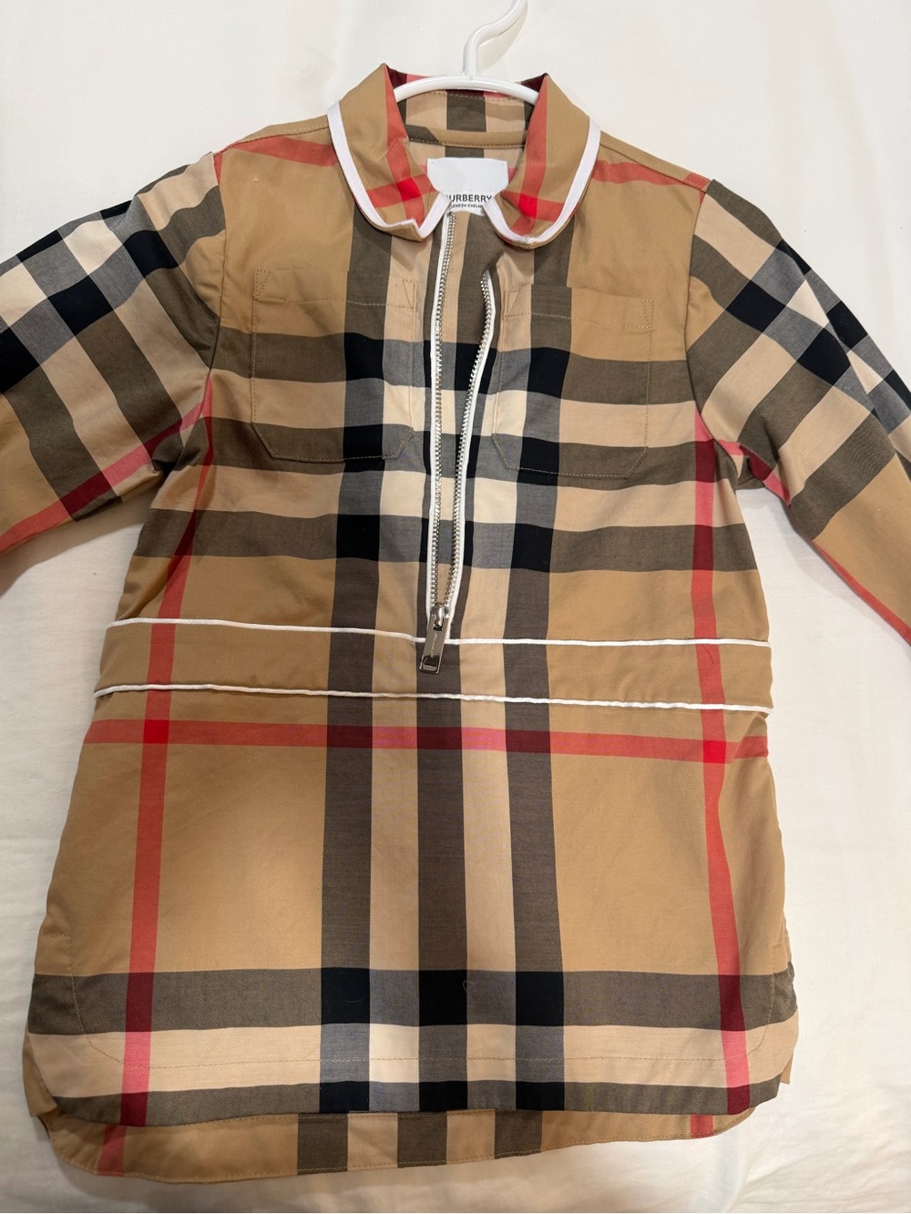 Burberry Girls Tan Beige Check Zip-Front Dress with Red Accents